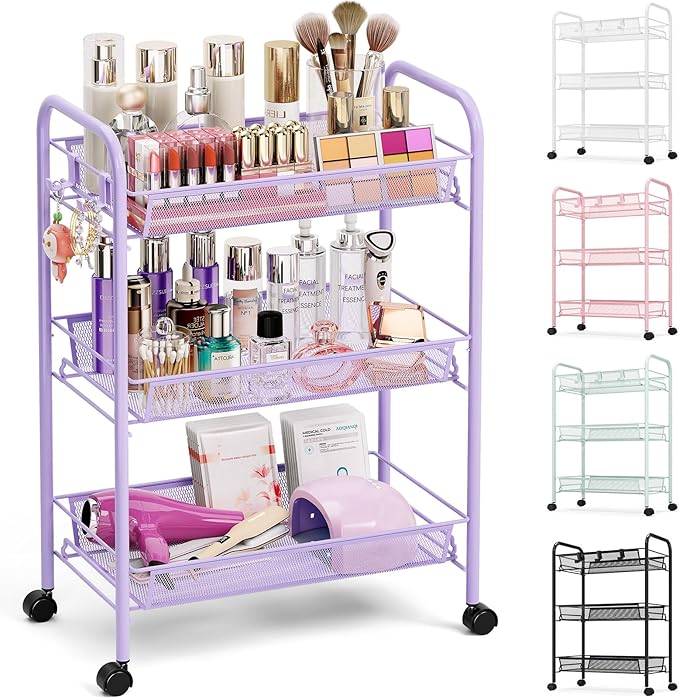 TOOLF 3-Tier Metal Rolling Cart, Mesh Wire Easy Assemble Utility Cart, Storage Trolley on Wheels with 3 Hooks, MetalStorage Shelving Units for Kitchen Bathroom Laundry Room