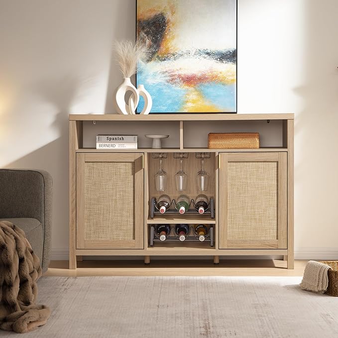 SICOTAS 51" Coffee Bar Cabinet Bar Cart with Storage, Wine Bar Cabinets Boho Home Bar Table, Rattan Sideboard Buffet with 2 Doors, Coffee Station with Wine Racks for Living Dining Room Entryway