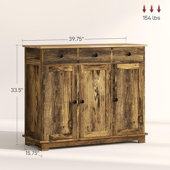 HOMCOM Sideboard Buffet Cabinet with Solid Wood Countertop, Modern Kitchen Storage Cabinet, Coffee Bar Cabinet with 3 Drawers, Doors and Adjustable Shelf, Rustic Brown