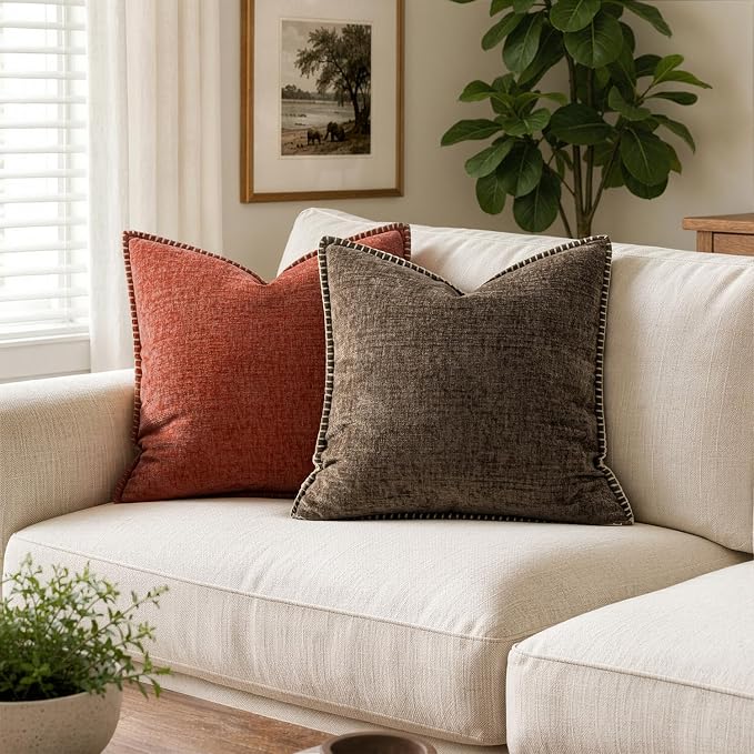 MIULEE Pack of 2 Euro Sham Pillow Covers 24x24 Inch Brown Farmhouse Decorative Throw Pillow Covers with Stitched Edge Soft Chenille Solid Dyed Pillow Covers for Bed Sofa Couch Living Room