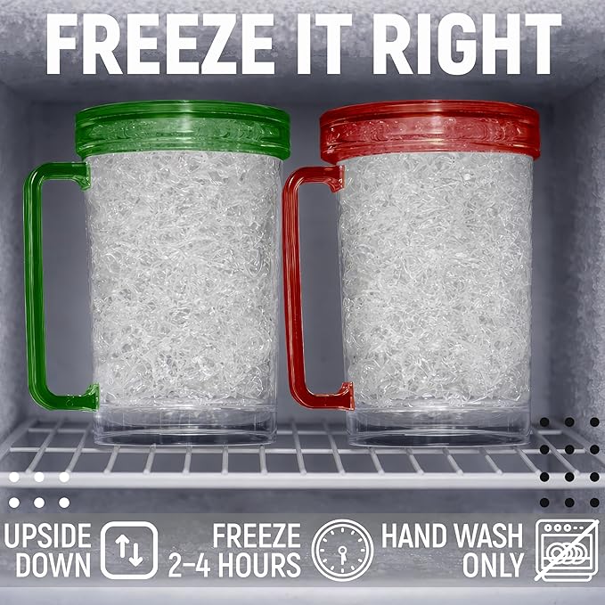 Beer Mugs for Freezer (Set of 4), 16oz Double Walled Glasses, Frozen Cooling Cups with Color-Coded Handles, Break-Resistant Acrylic Frosty Insulated Beer Mug for Dad, Men, Pool Parties & BBQ