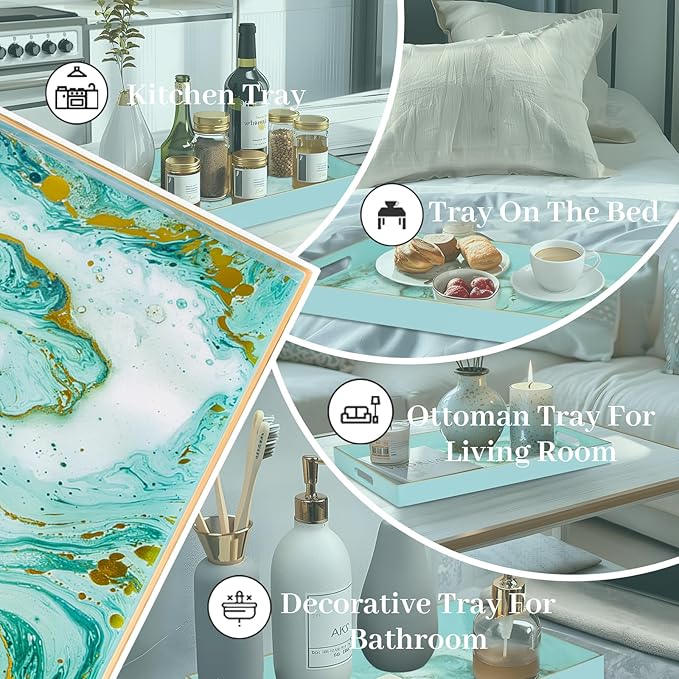 MAONAME Turquoise Serving Tray with Handles, Plastic Decorative Tray for Coffee Table, Marbling Rectangular Tray for Bathroom, Ottoman, Storage, 15.7" Lx 10.2" W X 1.57" H