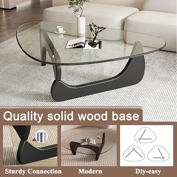 Mid Century Modern Glass Coffee Table, Coffee Table for Living Room, Noguchi Coffee Tables,Suitable for Bedroom Living Room Reception Office Tables (Black/Transparent, ML)