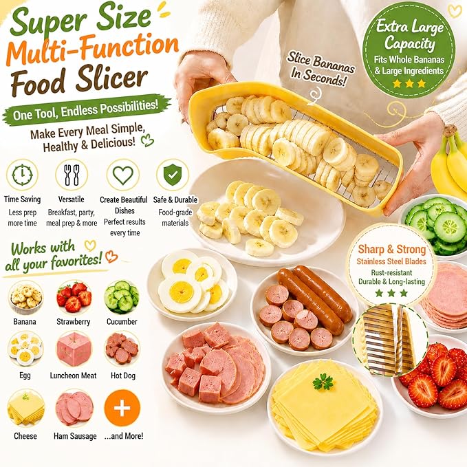 JAYVAR Extra Large Banana Slicer, Spam Slicer, Egg Cutter for Hard Boiled Eggs, Cheese Butter Cutter for Hot Dog Slicing, Multipurpose Strawberry Slicing Kitchen Gadgets for Fruits and Vegetables