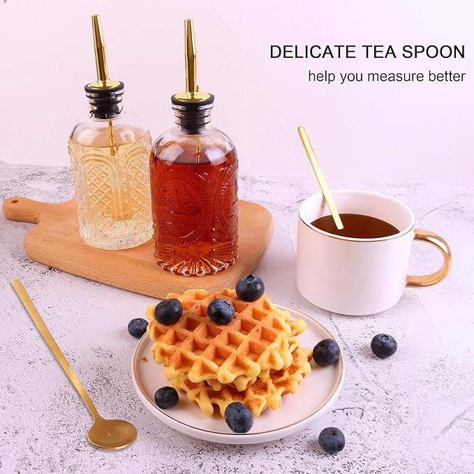 Glass Syrup Dispenser Set - 4 Pack 7oz Bottles with Metal Pour Spouts, Stoppers, Spoons for Coffee, Tea, Vanilla, Caramel, Honey
