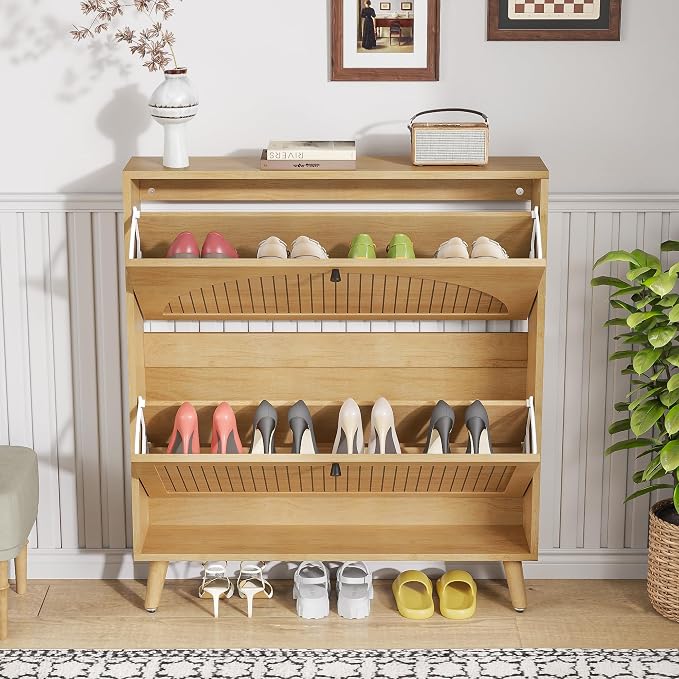 Fsbecl Shoe Storage Cabinet for Entryway with 2 Flip Drawers, Narrow Wood Shoe Cabinet with Fluted Panel, Freestanding Hidden Shoe Organizer for Foyer, Hallway (Wood Color - No Shelf)