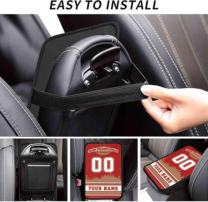 Custom San Francisco Car Armrest Covers Personalized Football Style with Name Number Customized Auto Center Console Pad Car Handrail Box Cushion for Most Vehicle Decor Accessories, Fans Gift