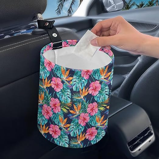 Tropical Floral Portable Dustbin Bin Waste Basket Palm Leaves Car Accessories Interior Collapsible Universal for Car SUV Trucks