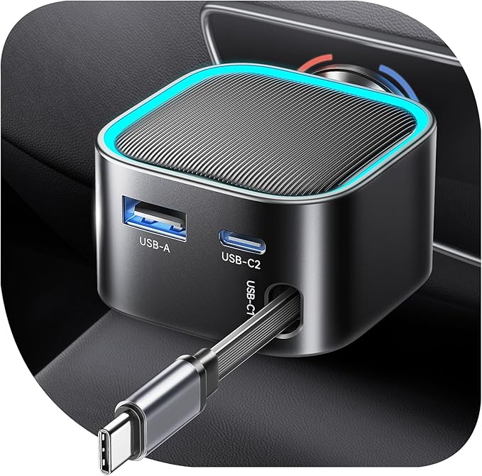 Retractable Car Charger USB-C,Rocoren 57W Type C Fast Car Charging [Ultra-Compact Mini] with Cord Cigarette Lighter Adapter Car Accessories for iPhone 17 16 15 Samsung S25 Ultra Pixel Android