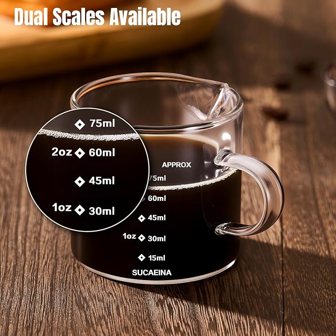 Espresso Cups Set of 2 with Handle, 2.5 OZ Double Spout Espresso Shot Cups Glass Measuring Cup with Dual Scale, Espresso Shot Glass with V-Shaped Mouth, Espresso Accessories