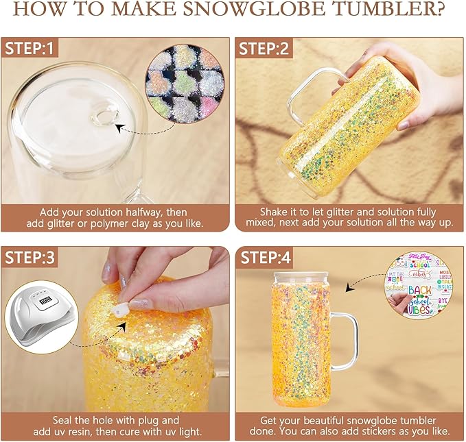 20 Oz Glass Snow Globe Tumbler with Handle, 4 Pack Pre-Drilled Double Wall Snowglobe Cup Coffee Mug for DIY Glitter Snow Globe, Outside 20 Oz Inside 16 Oz