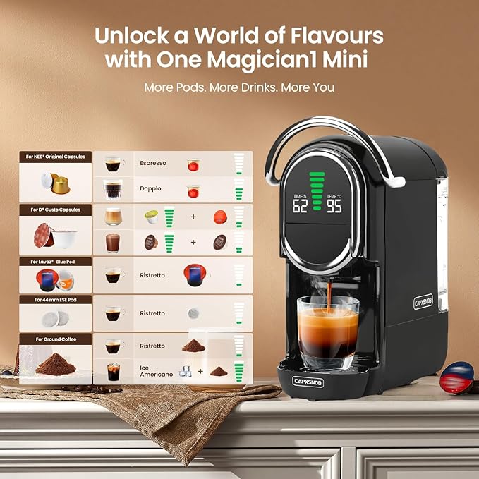 Magician1 Mini Espresso Machine for Nespresso Original, Dolce Gusto, Lavazza Blue, ESE Pods, 19-Bar Coffee Machine for Ground Coffee, Coffee Maker with adjustable Temp & Cup Size, 21oz Reservoir