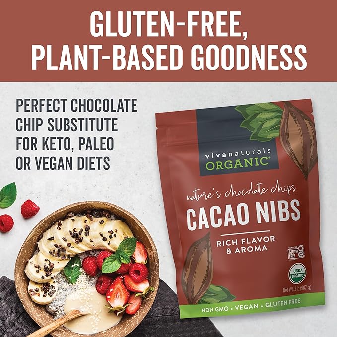 Viva Naturals Organic Cacao Nibs, Unsweetened, 2 LB (907 g), Keto Friendly, Vegan, Non-GMO, Gluten-Free Chocolate Chip Substitute