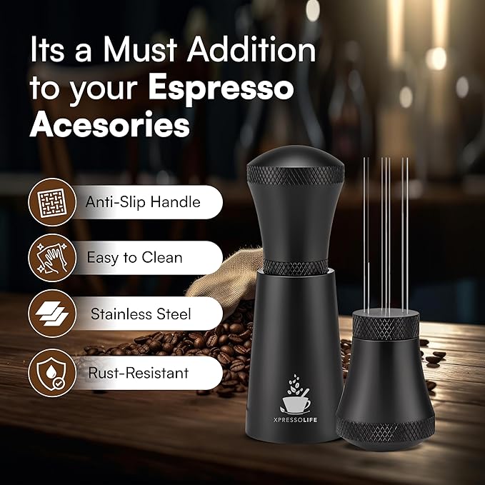 WDT Tool – Espresso Distribution Tools, Black Aluminum Alloy Handle with Stand, Coffee Mixer, and 10 Stainless Steel Needles