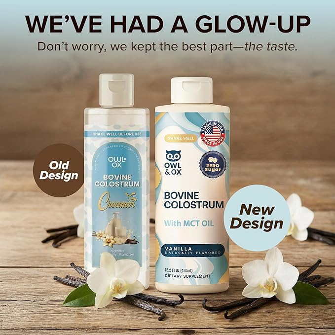 Bovine Colostrum with MCT Oil, Lactoferrin, IgG by Owl & Ox | Grass Fed, US Based | Skin Health, Gut Health and Immune Support | Sugar Free, Keto Friendly, Non GMO | Made in USA