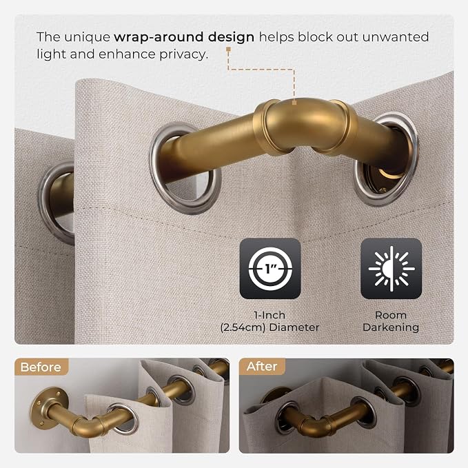 Zeerobee Curtain Rods for Windows 72 to 144, 1 Inch Industrial Wrap Around Warm Gold Curtain Rod, Indoor/Outdoor Room Divider Adjustable Drapery Pole, 72"-144"