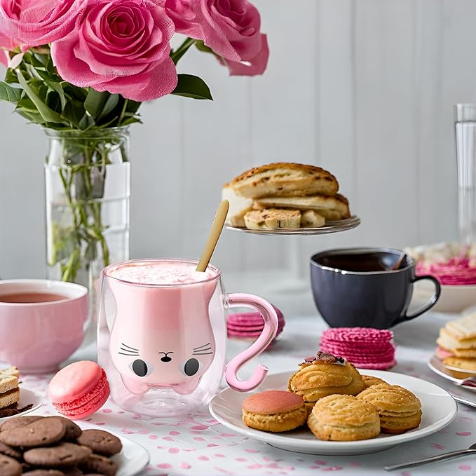 ecooe Cute Cat Mug Double Walled Glass Mug 290ml Coffee Cup Cappuccino Latte Glass Cup with Handle and Spoon, Clear Glass Coffe Mug Tea Cup Cat Birthday Christmas Gifts for Women Kids Girls Friends