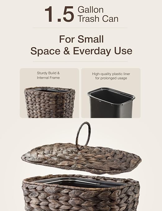 Tidita 1.5 Gallon Wicker Waste Basket with Lid, Removable Liner, Iron Frame | Water Hyacinth Construction, Hand-Woven, Removable Lid, Isolates Odors, Plastic Removable Liner, Iron Frame, Black Color