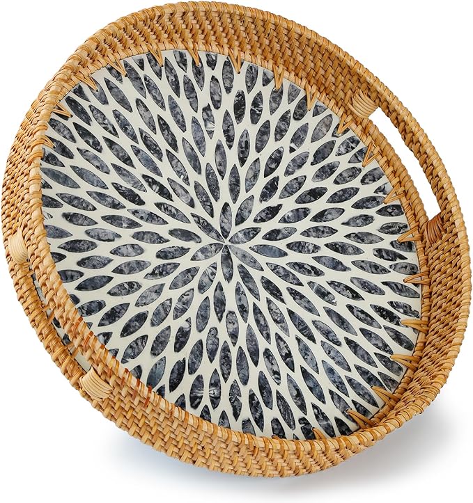 YANGQIHOME Round Rattan Tray with Handle, Mother of Pearl Inlay Decorative Wicker Basket for Coffee, Bread, Fruits, Serving Tray for Home Decor, Blue Leaf