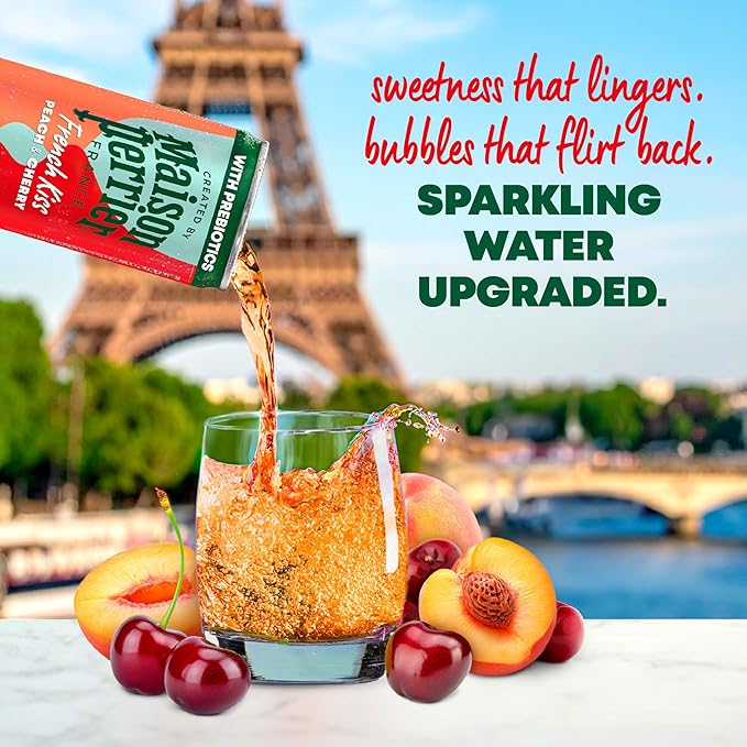 Maison Perrier French Kiss Sweetened Sparkling Juice Beverage, Peach & Cherry Flavors With Real Fruit Juices, 24Pk