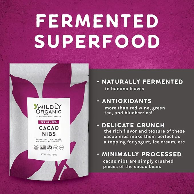 Wildly Organic Fermented Cacao Nibs 16 Oz, 1 lb Bag - Organic, Non-Alkalized, Minimally Processed, Raw, Non-GMO, Kosher, Vegan, Premium Rich Chocolate Flavor - Perfect in Smoothies, Yogurt, Oatmeal, Granola, Baking, Fruits, & Ice Cream