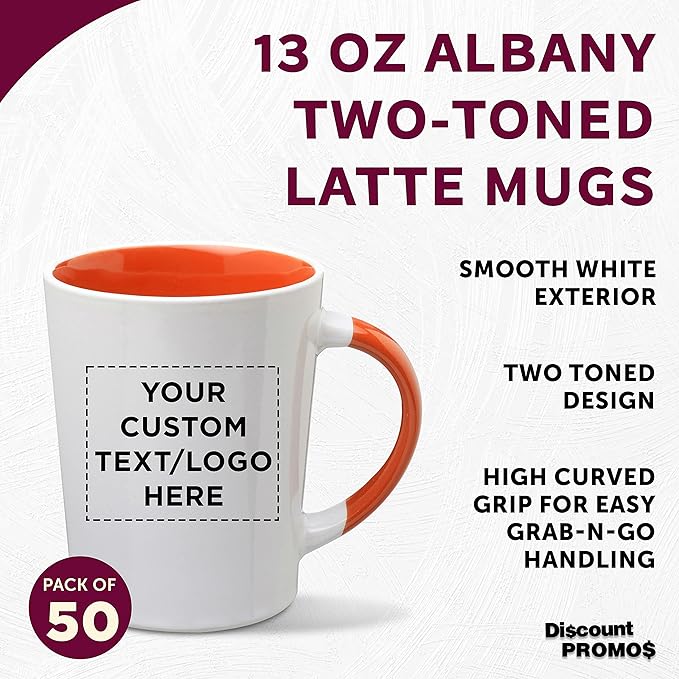 Custom Ceramic Latte Coffee Mugs by Albany 13 oz. Set of 50, Personalized Bulk Pack - Perfect for Coffee, Tea, Espresso, Hot Cocoa, Other Beverages - Orange