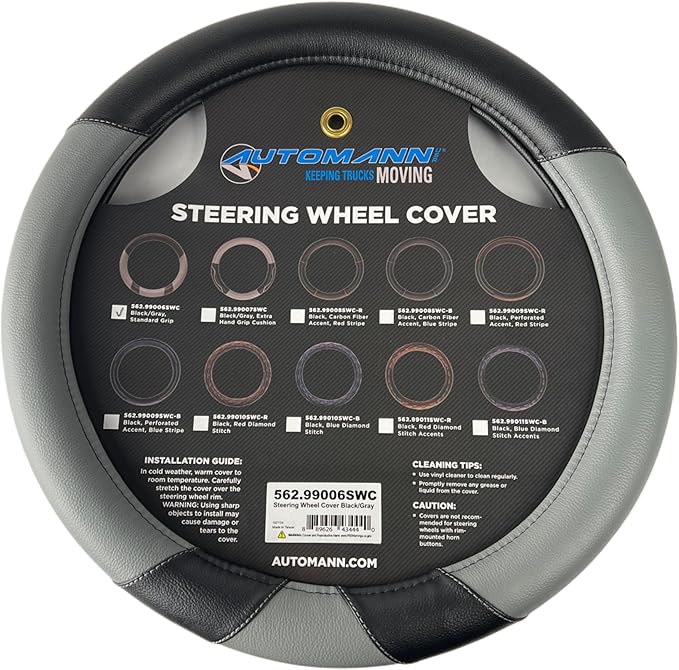 AUTOMANN Premium Vinyl Semi Truck Steering Wheel Cover, 18 inch Diameter, 3 Color Variations: Red/Black, Blue/Black, Gray/Black (Gray and Black)