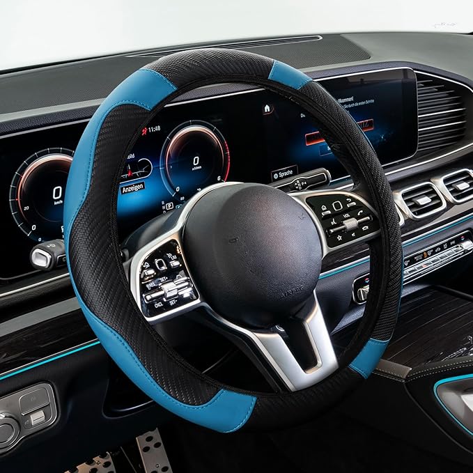 Car Steering Wheel Cover, Steering Wheel Cover Protector, 15 Inch Carbon Fiber Microfiber Leather Elastic Steering Wheel Protector, Car Steering Wheel Accessories for Vehicles (Black Blue)