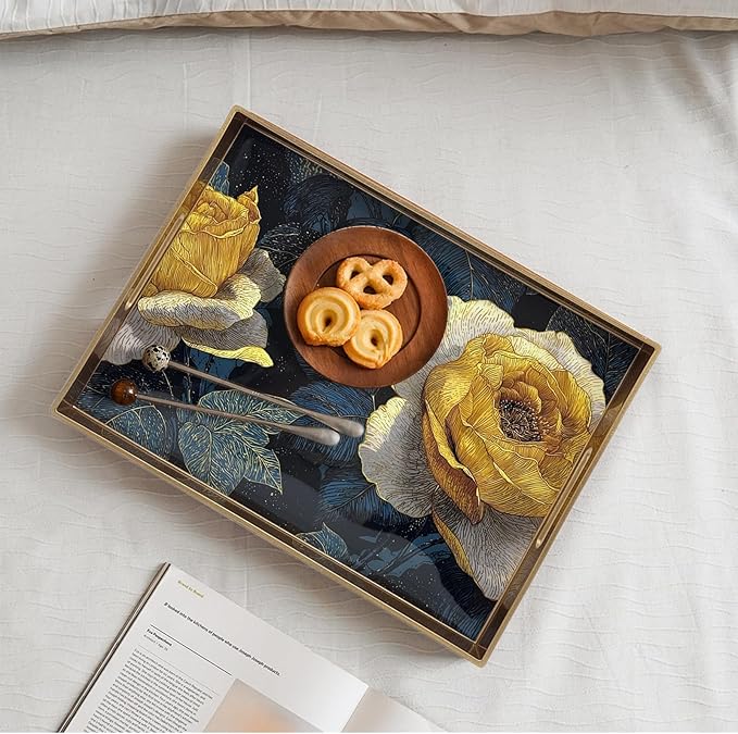 Serving Tray with Handles, 15.7 * 11.8 inches, Plastic Ottoman Tray with Exquisite Paintings, Trays for Coffee Table