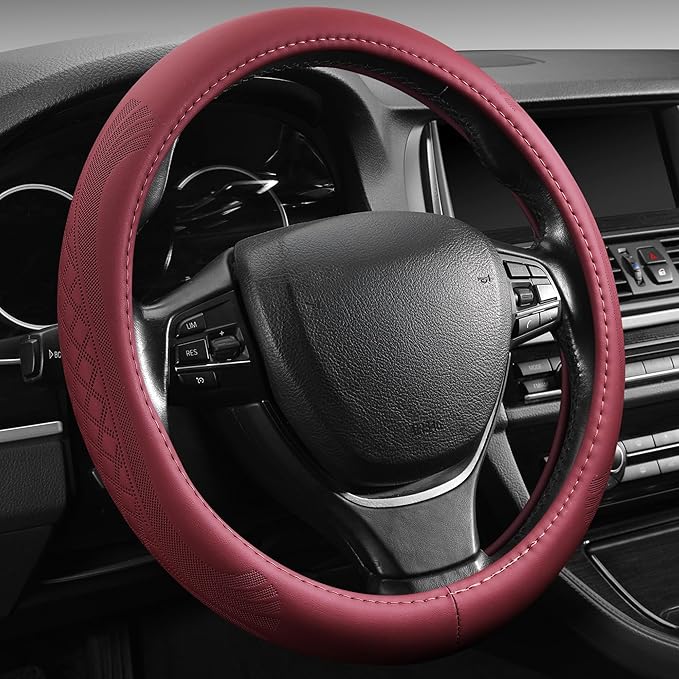 【2025 Model】 Breathable Soft Leather Car Steering Wheel Cover for Men Women, Non-Slip, Comfortable,Universal 15 inches Steering Wheels, Red