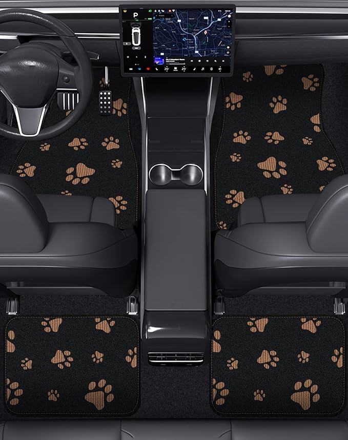 Cute Embroidered Dog Paw Car Floor Mats for Pet Lovers, Universal Fit All Weather Car Mats with Anti-Slip Nibbs Backing, Carpet Floor Mats for Cars, Trucks & Sedans, Full Set of 4 (Brown Paw)