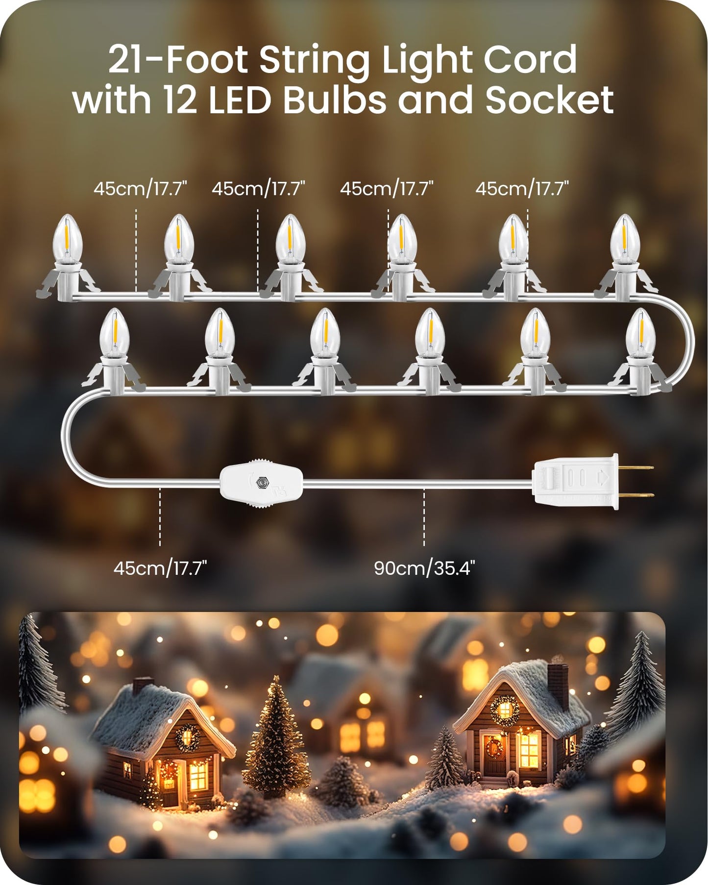 GOEBLESON Christmas Village Lights, 21Ft String Lights with 12 Warm White C7 LED Bulbs, Model W02VL05