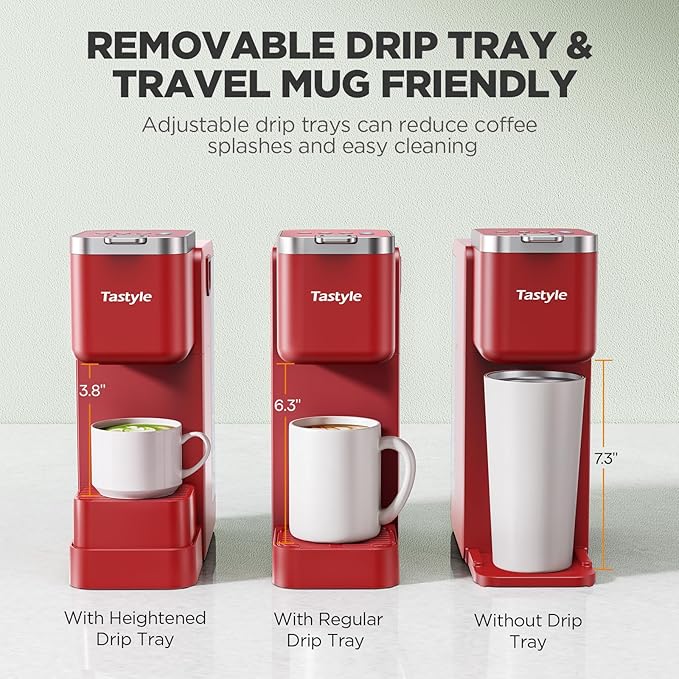 Single Serve Coffee Maker with Built-in Detachable Milk Frother, Iced and Hot Coffee Machine for K Cup & Grounds, 40oz Removable Water Reservoir, 6 Cup Sizes, Fits 7.3" Travel Mug, Red