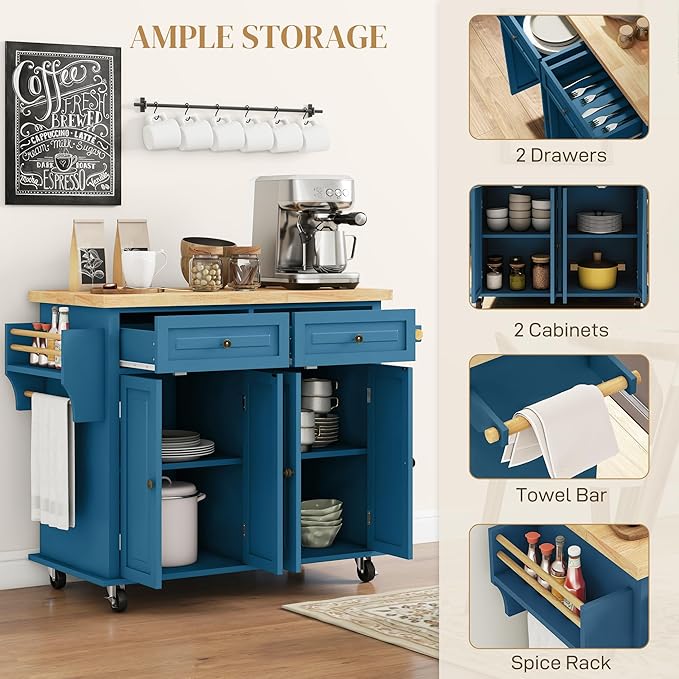 HOMCOM Kitchen Island Cart with Rubber Wood Top, Rolling Kitchen Island Table on Wheels with Drawers, Adjustable Shelves, Spice Rack and Towel Rack for Dining Room, Turquoise