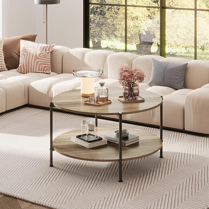 WLIVE Round Coffee Table, 32.6" Small Coffee Table with Storage Shelf, 2-Tier Circle Wood Center Table for Living Room, Apartment, Rustic Brown (Grey, 32.6" D x 32.6" W x 17.5" H)