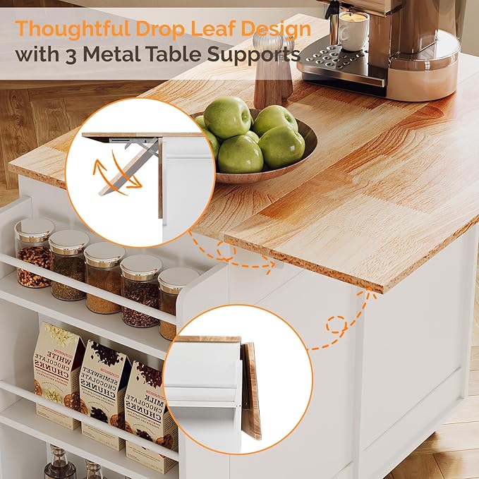 VINGLI Kitchen Island Cart, Large Rubber Wood top Mobile Cart with Storage, Adjustable Shelves, Towel Rack & Safety Bar Storage, Fluted Portable Rolling Kitchen Island with Drop Leaf, White