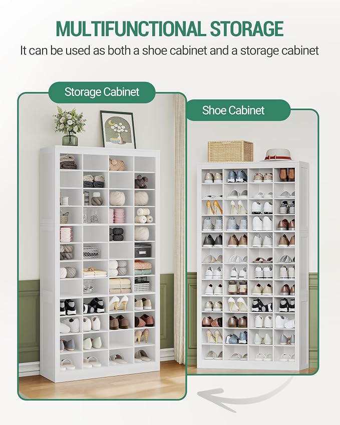 Hzuaneri Shoe Storage Cabinet, 48 Pairs Free Standing Closet Organizer, 9 inch Widened Cell Wood Shoe Organizer, 12 Tiers Vertical Space Saving Shoe Rack for Entryway, Cloakroom, White SR39603X