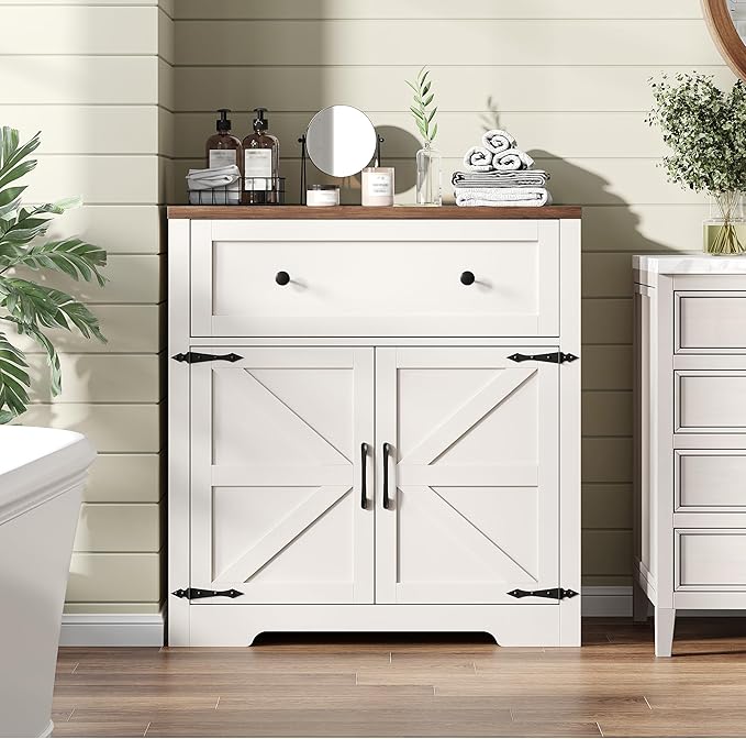 Coffee Bar Cabinet with Storage, Small Kitchen Storage Cabinet, Modern Farmhouse Buffet Sideboard with Drawers and Adjustable Shelves, Barn Door Accent Cabinets for Kitchen, Dining Room, Living Room