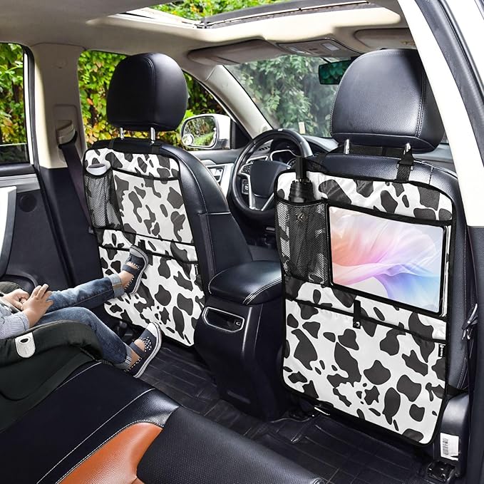 JIPONI Car Backseat Organizer, Cow Print 3 Automotive Back Seat Protector, Kick Mats with Storage Pockets for Kids Pets, Road Trip Accessories