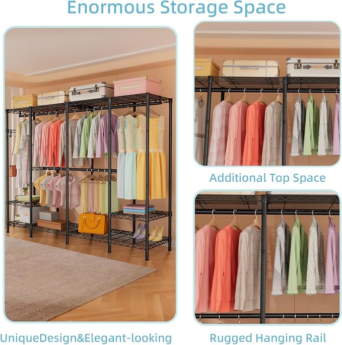 Golpart Heavy Duty Garment Rack Clothes Rack,Large Metal Closet Organizer System Storage Wardrobe,Freestanding Clothing Rack with Adjustable Wire Shelves& Hang Rods,MaxLoad 1000lbs