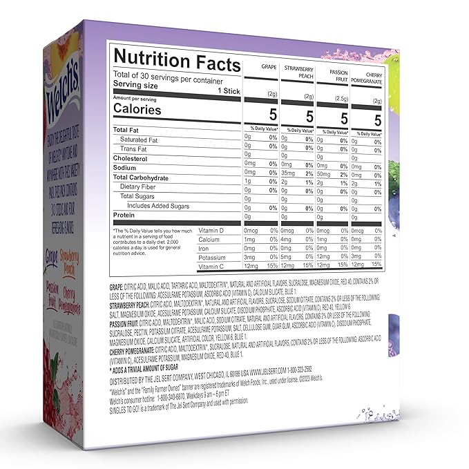 Welch's Singles To Go Variety Pack, Watertok Powdered Drink Mix, Includes 4 Flavors, Grape, Passion fruit, Strawberry Peach, Cherry Pomegranate, 1 Box (30 Servings)
