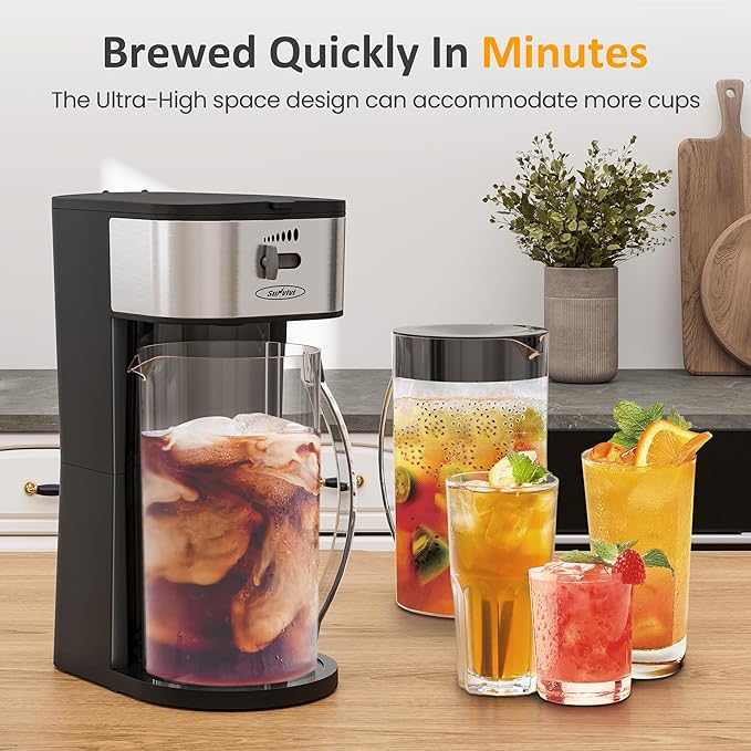 SUNVIVI Iced Tea Maker with 2.5-Quart Pitcher, Iced Coffee Brewing Maker for Ground Coffee, Tea Bags, Loose Leaf Tea, 7 Cups Coffee Machine for Home, Strength Control for Flavor, Black