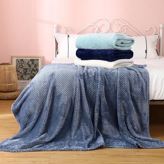 Newwiee 4 Pcs Flanne Fleece Throw Blanket for Bed Couch Large 3D Waffle Textured Soft Blanket Winter Warm Lightweight No Shedding No Pilling Decorative Throw, 50x60 Inch(Gradient Blue)