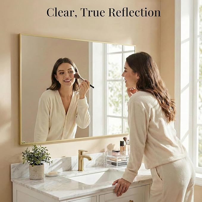 30"x48" Gold Bathroom Mirror, Metal Framed Vanity Mirror for Wall, Large 48"x30" Horizontal Mirror Over Sink, Modern Luxe Decor, Flush Mount
