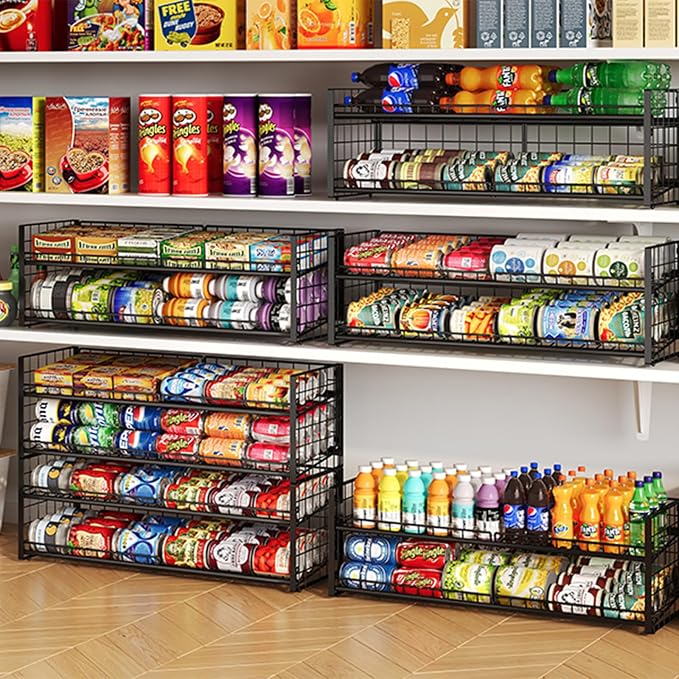 3 Tier Stackable Can Rack Organizer for Pantry Shelf, Adjustable Extra-Long Can Holder for Kitchen Storage, Sturdy Standing Rolling Can Dispenser for Canned Food Goods Drink Soup up to 96, Black
