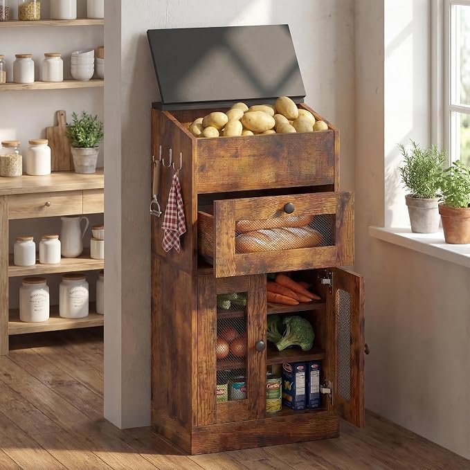 Potato and Onion Storage Bin with Lid, Large Potato Bin with Drawer, Multi-Compartment Wooden Fruit & Vegetable Cabinet with Mesh Doors, Rustic Kitchen Organizer for Pantry (16.9")
