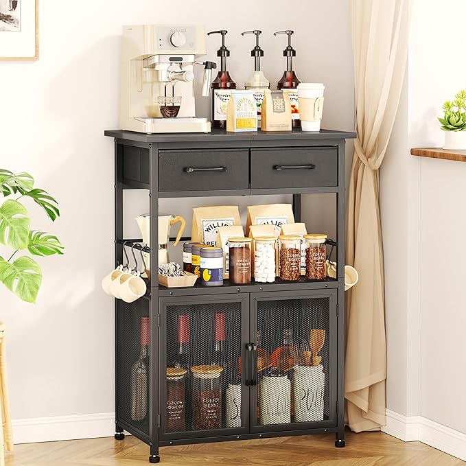 SWTYMIKI Coffee Bar Cabinet with Drawer - 20.47" Coffee Stand Station with Removable Hooks, Buffet Cabinet for Coffee Maker or Microwave, Kitchen Bar Table Storage Organizer, Black