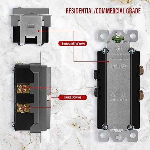 ENERLITES Double Paddle Rocker Decorator Switch, Ground terminal, Clamp-Type Back Insert Wiring, Copper Wires Only, Single Pole, Residential/Commercial Grade, 15A 120-277VAC, 62834-SG, Space Gray