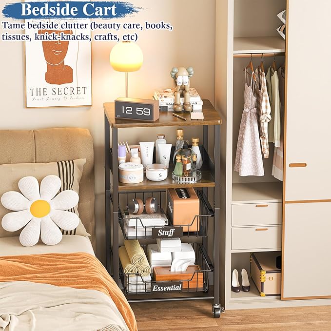 4 Tier Rolling Cart with Drawer Baskets, Metal Utility Storage Cart with Wheels and Wood Top for Living Room, Kitchen, Home Office, Bedroom, Pantry, Baby Essential, Makeup, Snack, Craft, Black