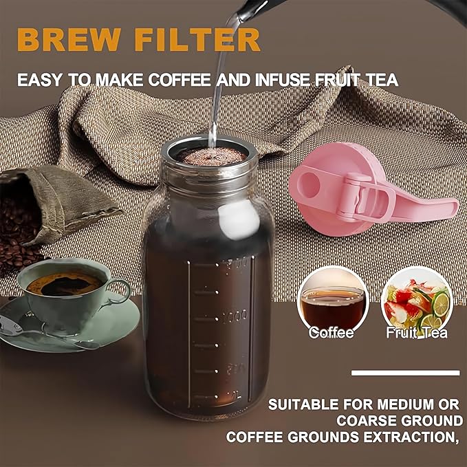 Cold Brew Coffee Maker Jar - 64oz Thick Glass Multipurpose Mason Pitcher Spout Lid with Handle & Stainless Steel Filter for Iced Coffee, Lemonade, Ice Tea, Homemade Fruit Drinks Container